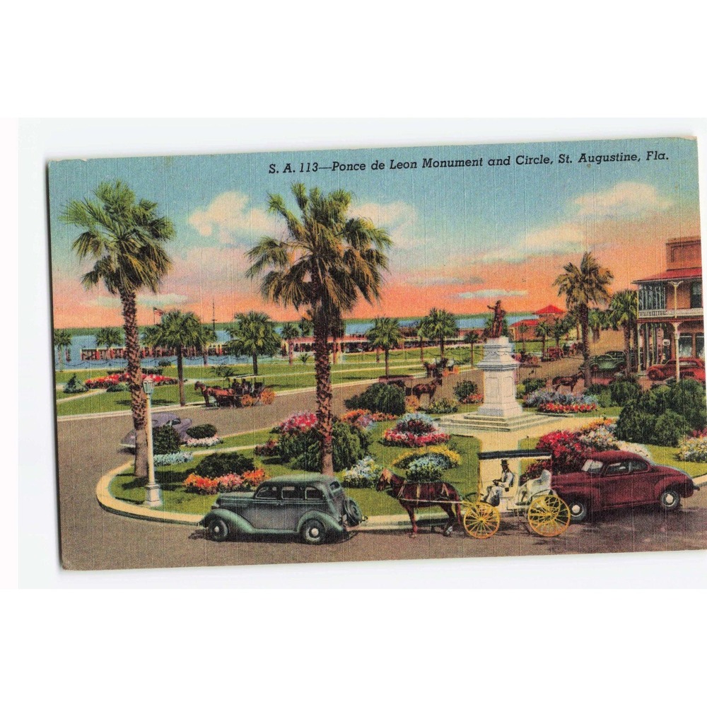Ponce de Leon Monument Circle St Augustine Florida Linen Postcard S.A. 113